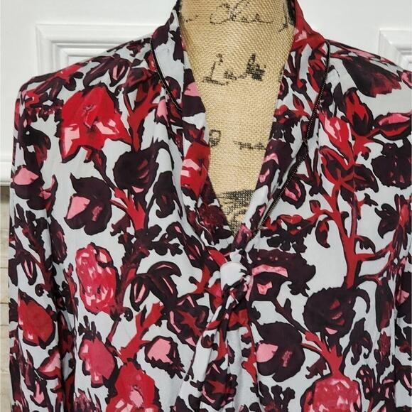 Donna Karan New York Silk Floral Tie Neck Beaded Blouse Red Burgundy Small - Picture 8 of 8